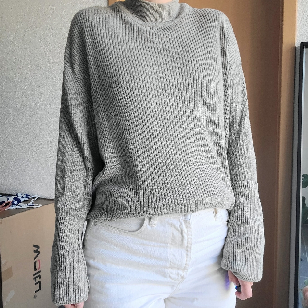 Perry Ellis Oatmeal Ribbed Knit Silk/Cotton Long Sleeve Mock Neck Sweater - XL - Picture 3 of 16